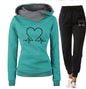Love Heart Printed Sports Suit Hooded Sweatshirt Top And Drawstring Pants Fashion Casual Clothing For Women