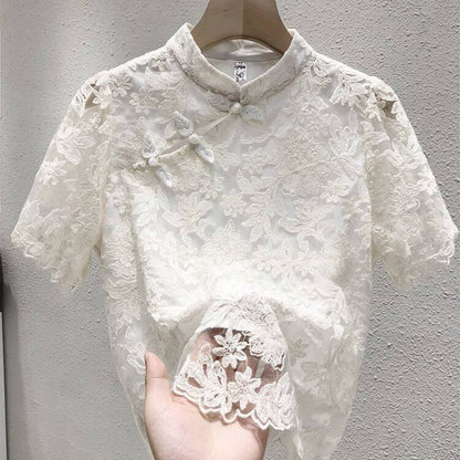 Buckle Chinese Ethnic Style Lace T-shirt Top Shirt
