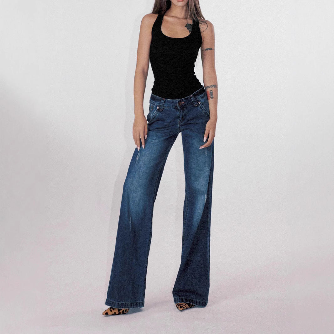 American-style Retro Low Waist Washed Straight Jeans