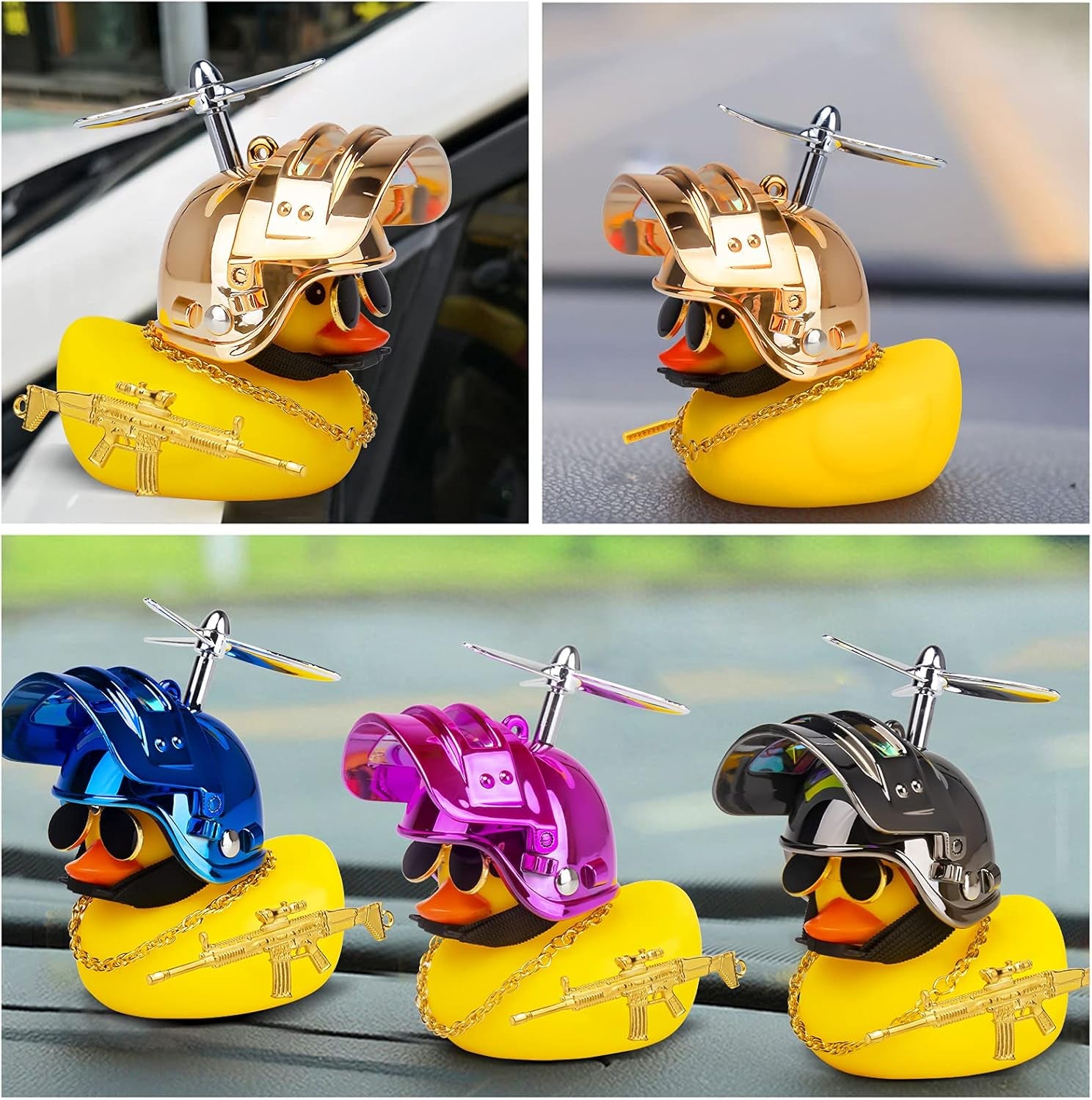 Rubber Duck Car Ornaments Cool Yellow Duck Car Dashboard Decorations Squeaky Glasses Duck with Propeller Helmet for Car Ccessories Dashboard (Y-Gold)