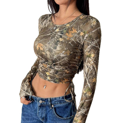 Mesh Branch Printing Side Drawstring Fitted Short T-shirt