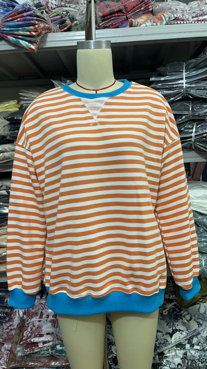 Striped Round Neck Contrast Color Loose Long Sleeve Sweatershirt