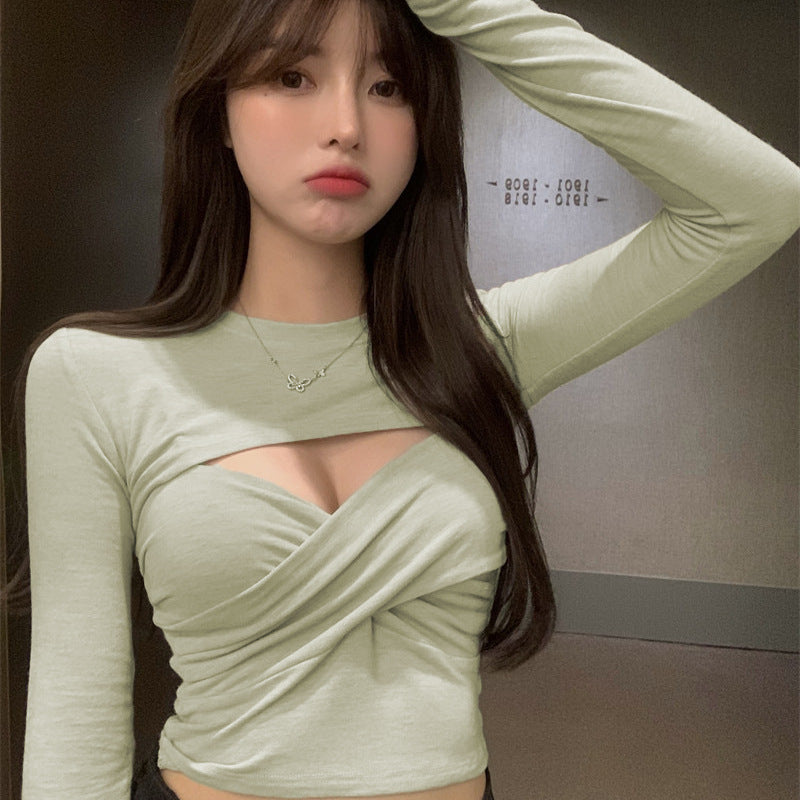 Sexy Pure Desire Style Sling Design Sense Sneaky Design Hot Girl Long Sleeve T-shirt