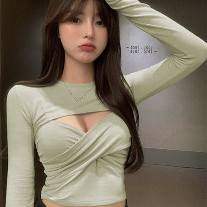 Sexy Pure Desire Style Sling Design Sense Sneaky Design Hot Girl Long Sleeve T-shirt