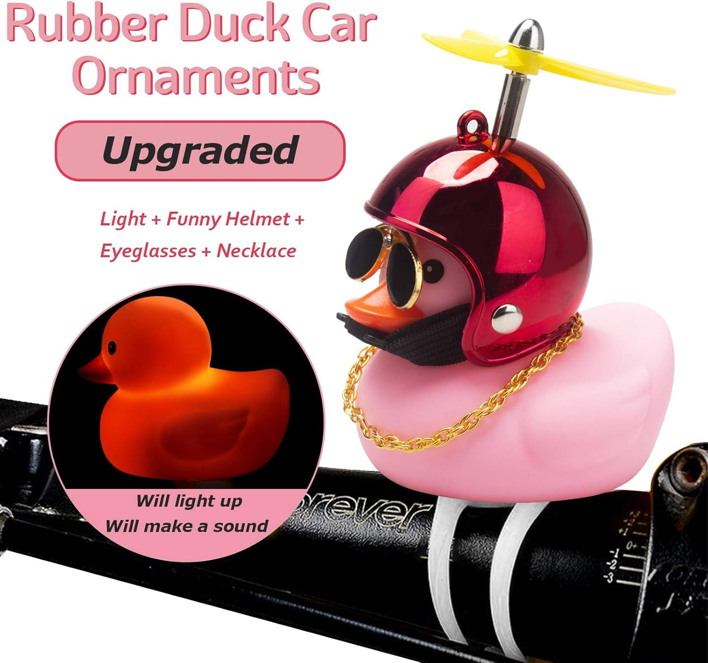 Rubber Duck Car Ornaments Pink Duck Bike Bell Cute Duck Car Dashboard Decorations Squeeze Duck Bicycle Horns with Propeller Helmet, Bandage and Gold Chain