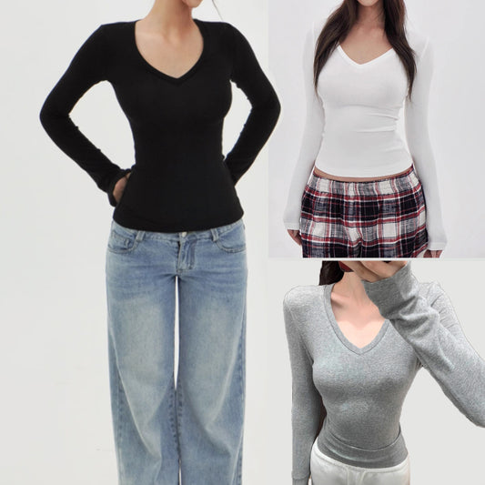 American Hot Girl Delicate V-neck Shoulder Long Sleeve T-shirt