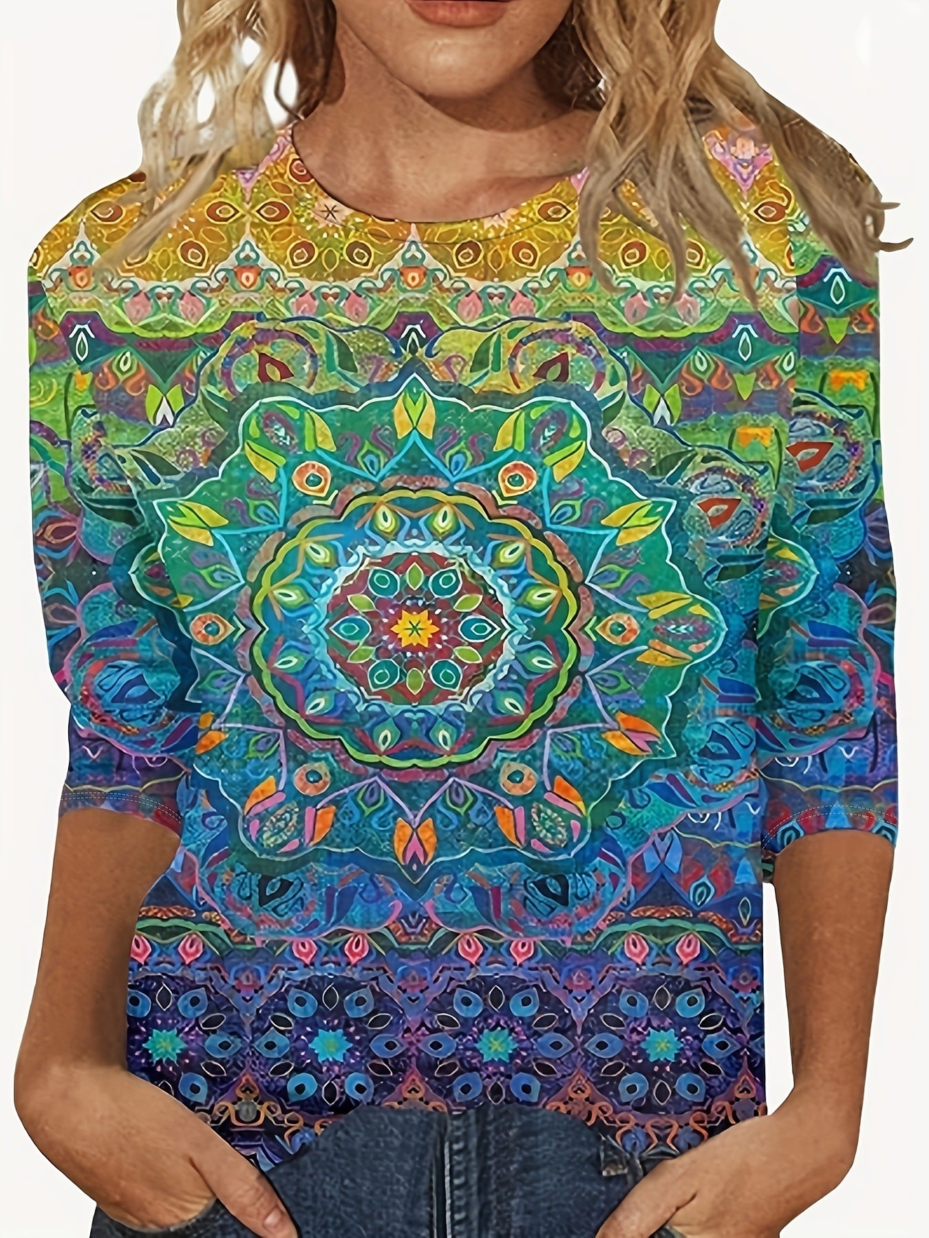 European And American Flower Plant Printed Round Neck Long Sleeve