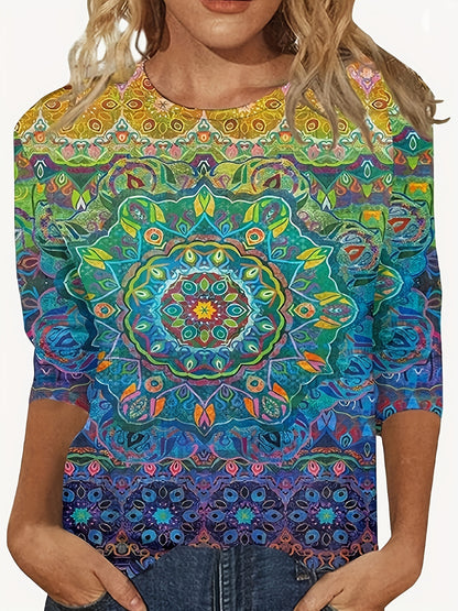 European And American Flower Plant Printed Round Neck Long Sleeve