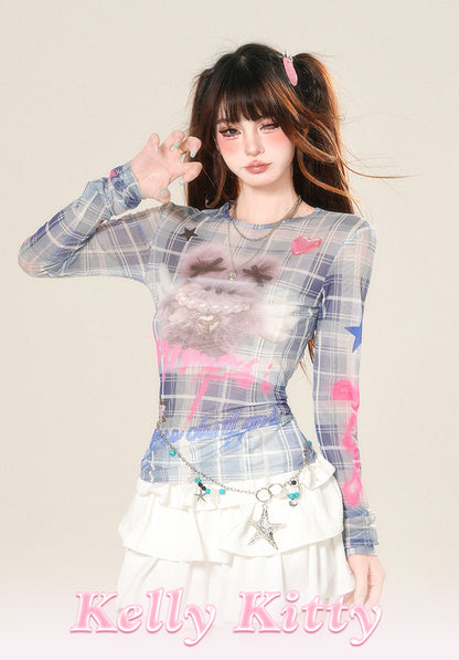 Shoulder Long Sleeve Micro-transparent Plaid T-shirt