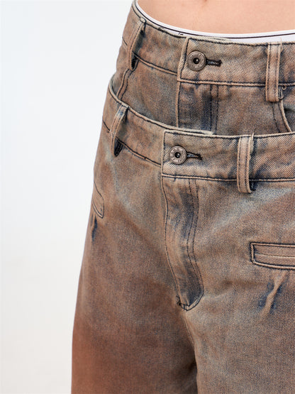 Women's American Retro Washed Double Waisted Jeans