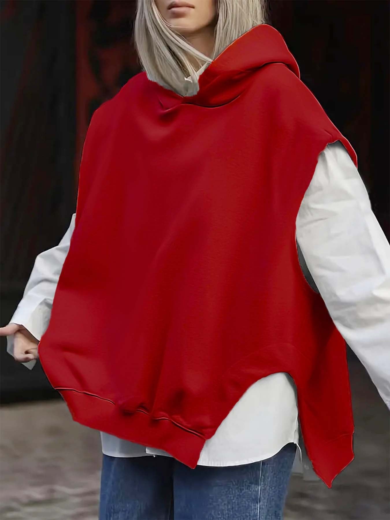 Women's Solid Color Style Loose Sleeveless Hooded Jacket Sweater