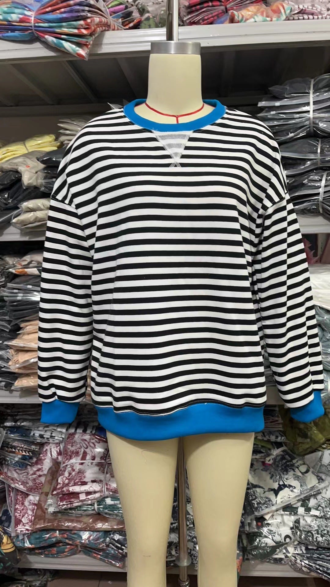 Striped Round Neck Contrast Color Loose Long Sleeve Sweatershirt