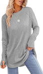 Women's Round Neck Solid Color Refers To Long Sleeved Top Loose Mid Length T-shirt