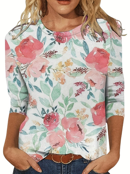 European And American Flower Plant Printed Round Neck Long Sleeve