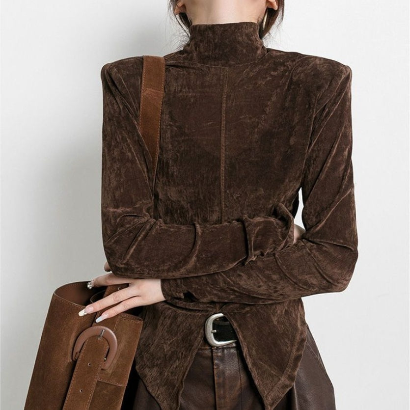 Velvet Half Turtleneck T-shirt Base Shirt Slit Hemline At Hem Solid Color Top
