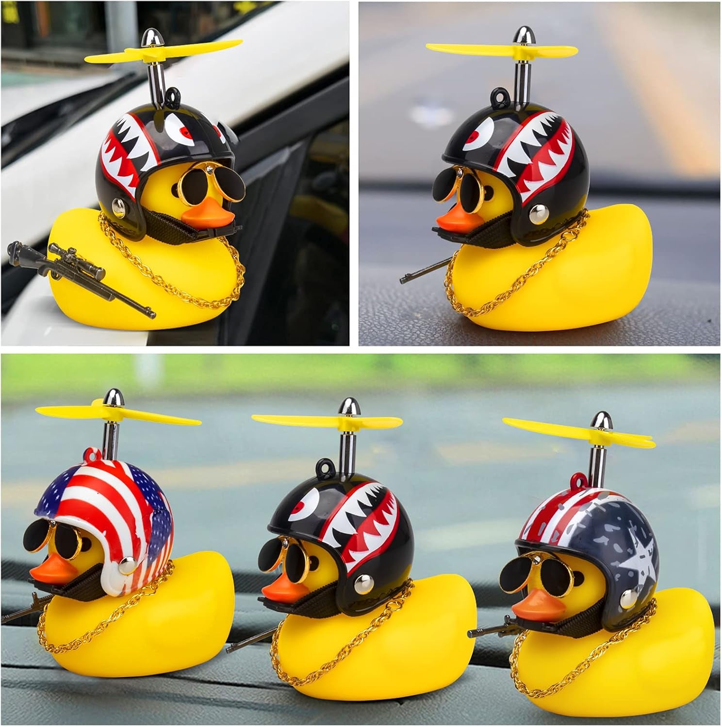 Rubber Yellow Duck Car Ornaments Cool Duck Car Dashboard Decorations with Propeller Helmet Sunglasses (Shark-Yellow G)