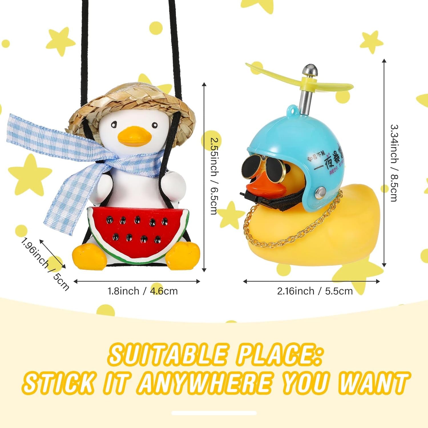 2 Pieces Swinging Duck Car Hanging Ornament Rubber Car Duck Car Ornament with Propeller Helmet Swing Duck Car Rear View Mirror Pendant Yellow Duck Car Dashboard for Car Decor(Chic Style)