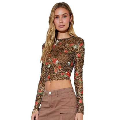 Leopard Print Flower Printed Mesh Round Neck Short Long-sleeved
