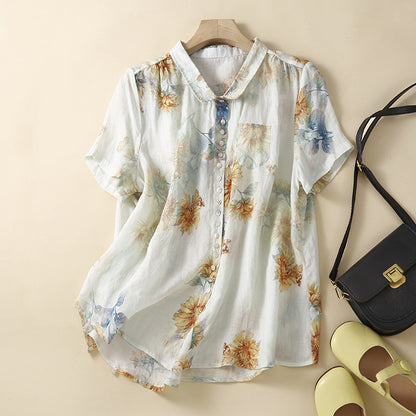 Lady Literature Ramie Short Sleeve Printed Shirt Top