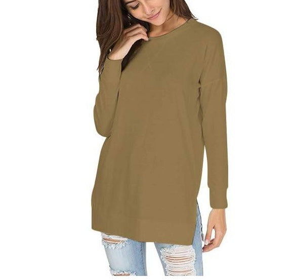 New Versatile Women's Long Sleeved T-shirt Solid Color Round Neck Casual Top