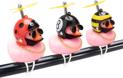 Rubber Duck Car Ornaments Pink Duck Bike Bell Cute Duck Car Dashboard Decorations Squeeze Duck Bicycle Horns with Propeller Helmet, Bandage and Gold Chain