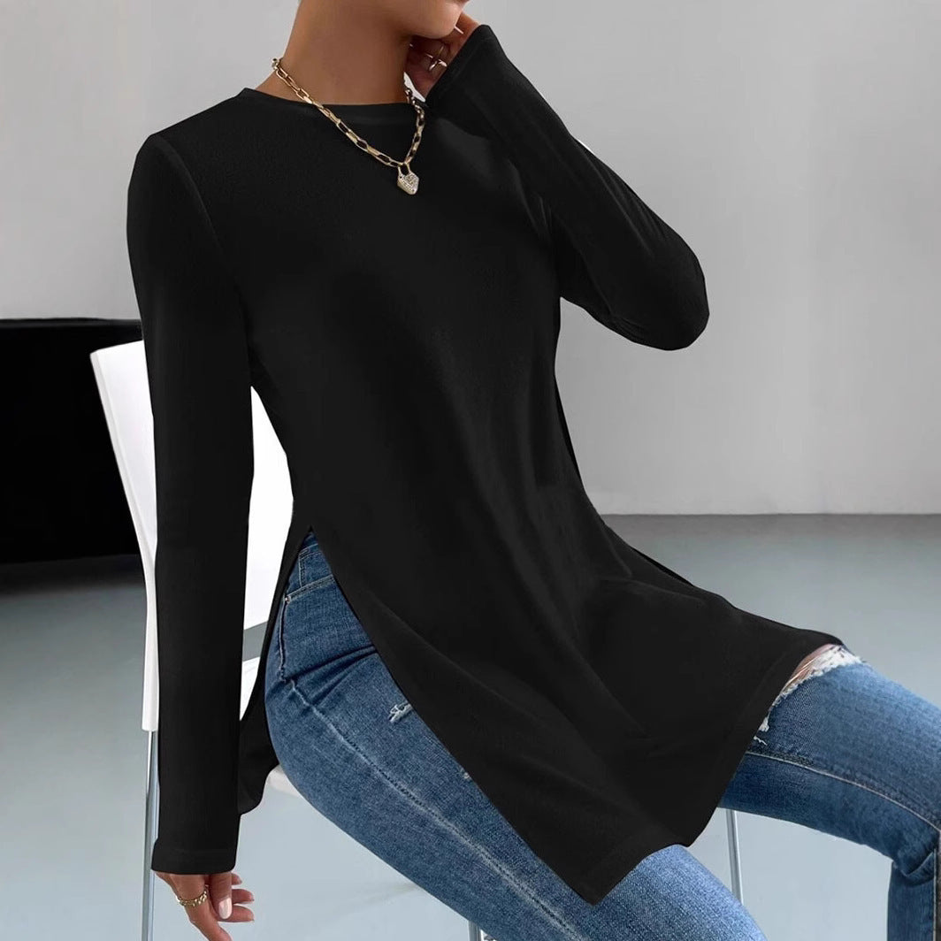 Autumn And Winter Leisure Slit On Both Sides Hem Bottoming Long Sleeve T-shirt