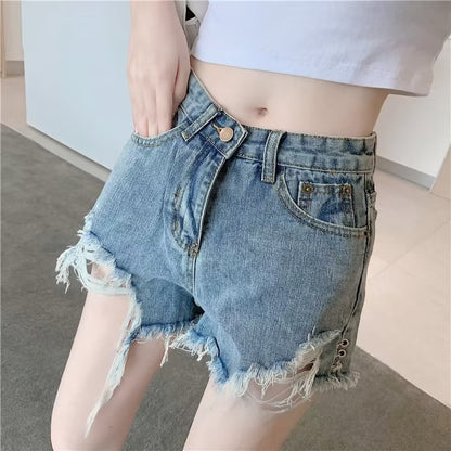 Micro Elastic High Waist Slimming Holes Frayed Vintage Denim Shorts
