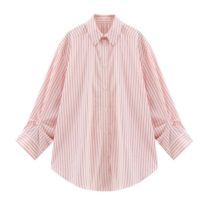 Oumeitong Diligent Style Loose All-matching Striped Lapel Long Sleeve Shirt