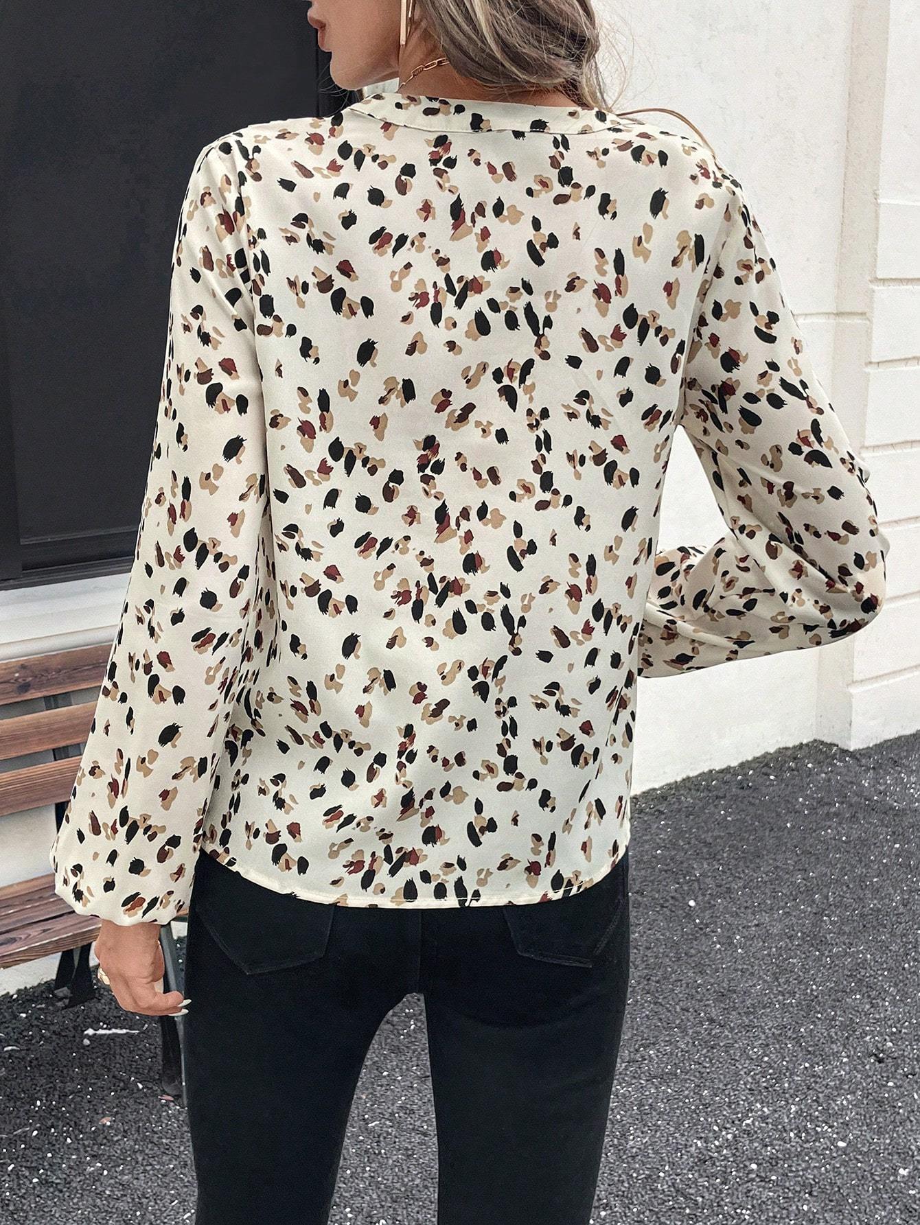 Women's V-Neck All-Over Print Elegant Long Sleeve Blouse,Long Sleeve Tops