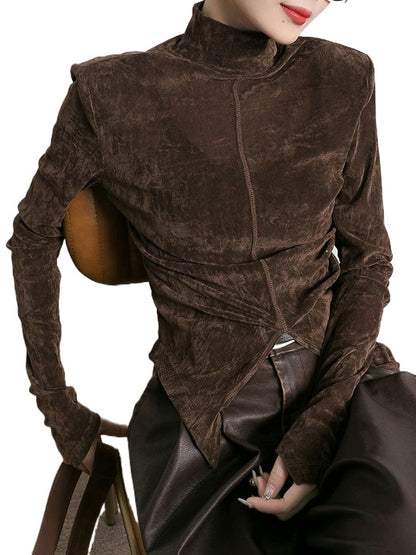 Velvet Half Turtleneck T-shirt Base Shirt Slit Hemline At Hem Solid Color Top