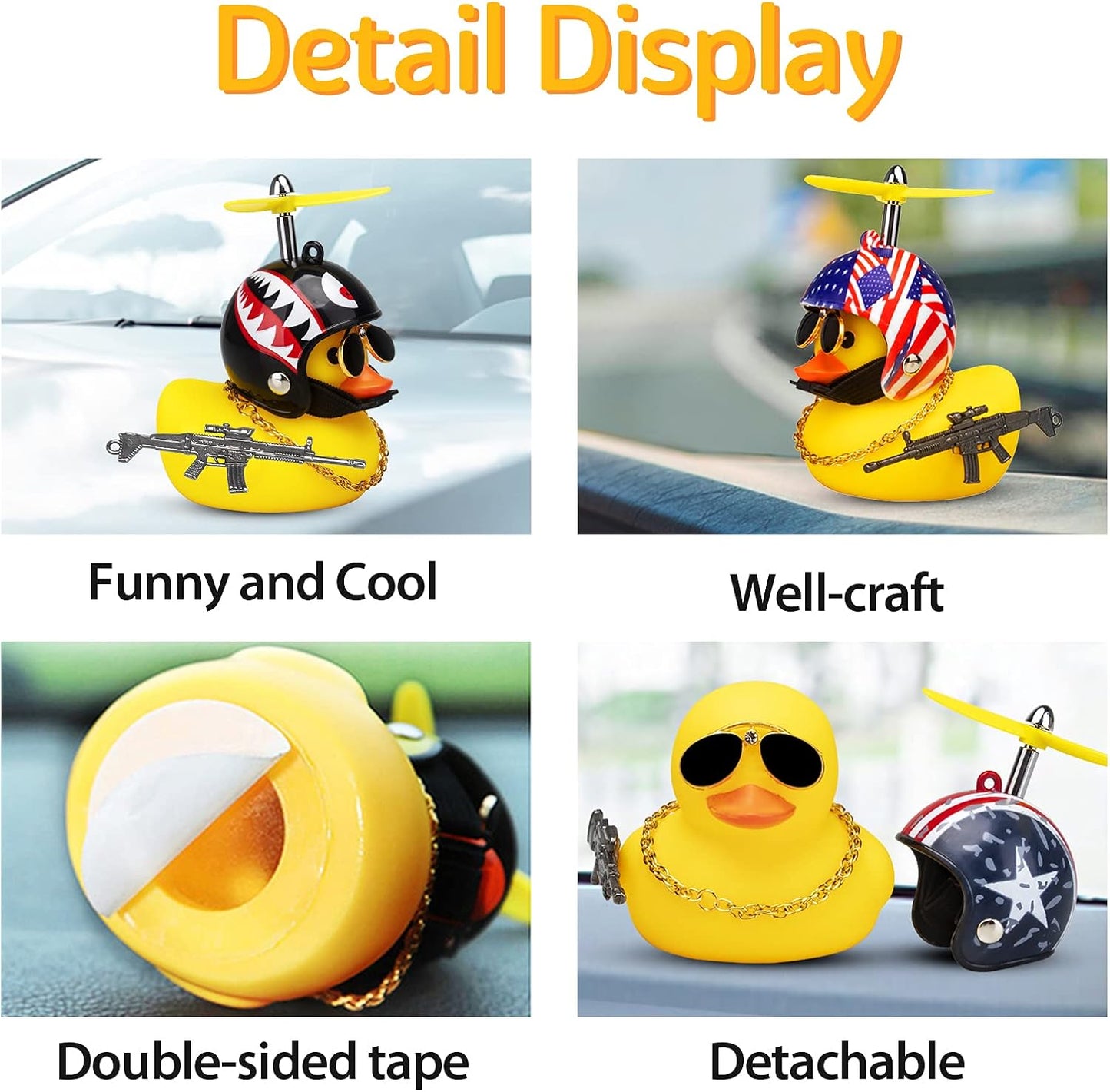3 Pack Car Rubber Duck Cute Yellow Wind-Breaking Ducks Dashboard Decorations Small Ornaments with Propellers Glasses Gold Chain (Yellow-Stars and Stripes&Flag&Shark)