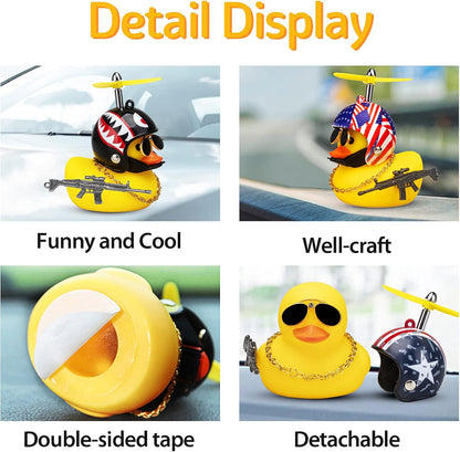 3 Pack Car Rubber Duck Cute Yellow Wind-Breaking Ducks Dashboard Decorations Small Ornaments with Propellers Glasses Gold Chain (Yellow-Stars and Stripes&Flag&Shark)