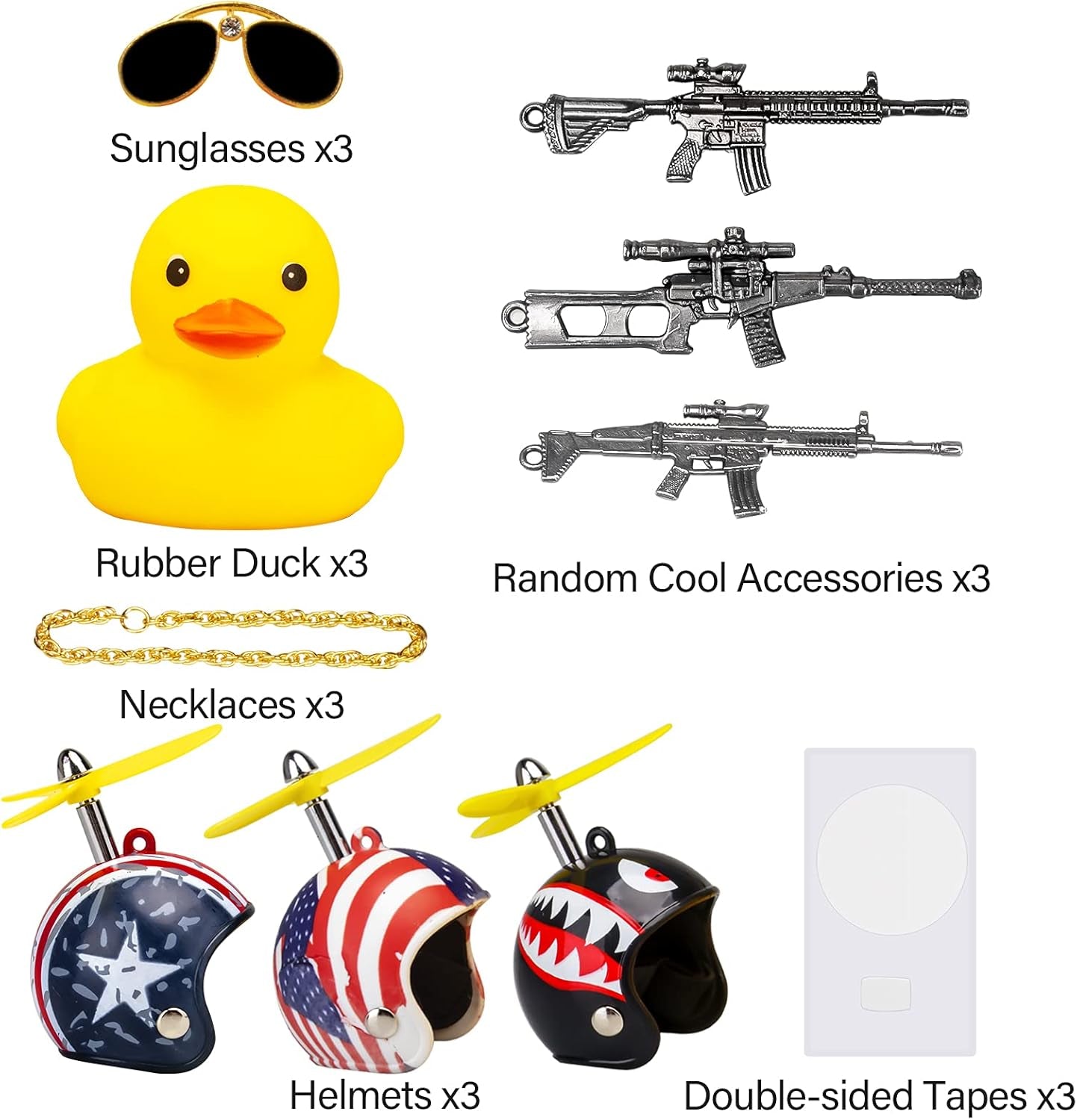 3 Pack Car Rubber Duck Cute Yellow Wind-Breaking Ducks Dashboard Decorations Small Ornaments with Propellers Glasses Gold Chain (Yellow-Stars and Stripes&Flag&Shark)