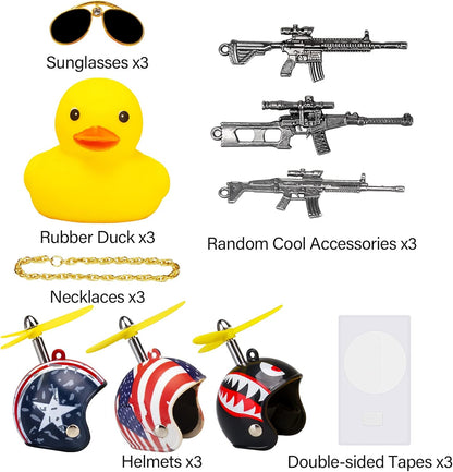 3 Pack Car Rubber Duck Cute Yellow Wind-Breaking Ducks Dashboard Decorations Small Ornaments with Propellers Glasses Gold Chain (Yellow-Stars and Stripes&Flag&Shark)