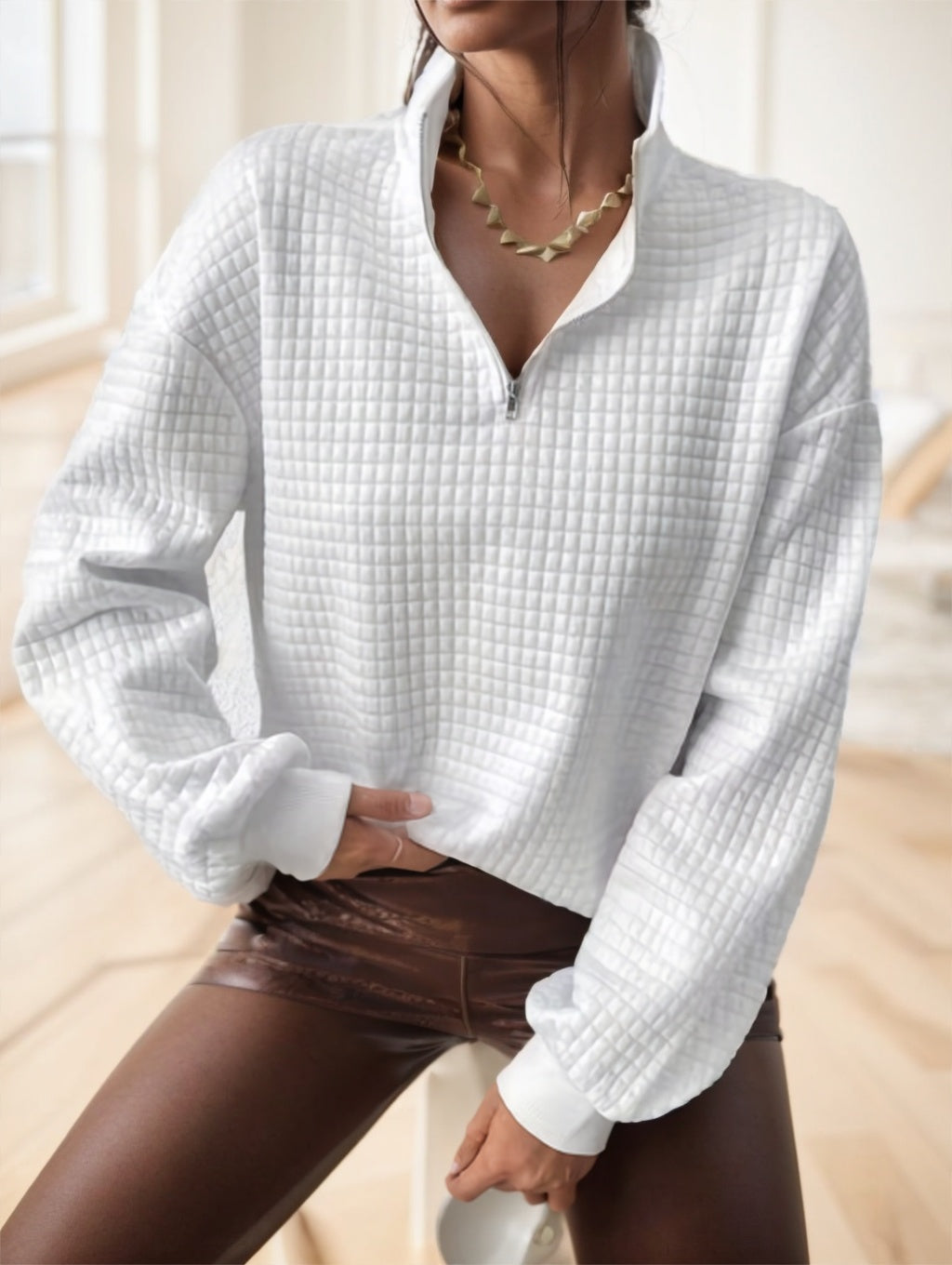 Waffle Grid Quarter Zip Pullover Sweatshirt