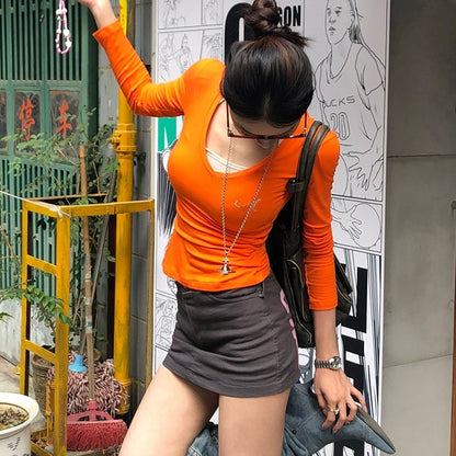 Long Sleeve Rhinestone Inner Bottoming Shirt Slim Fit Slimming Dopamine Top