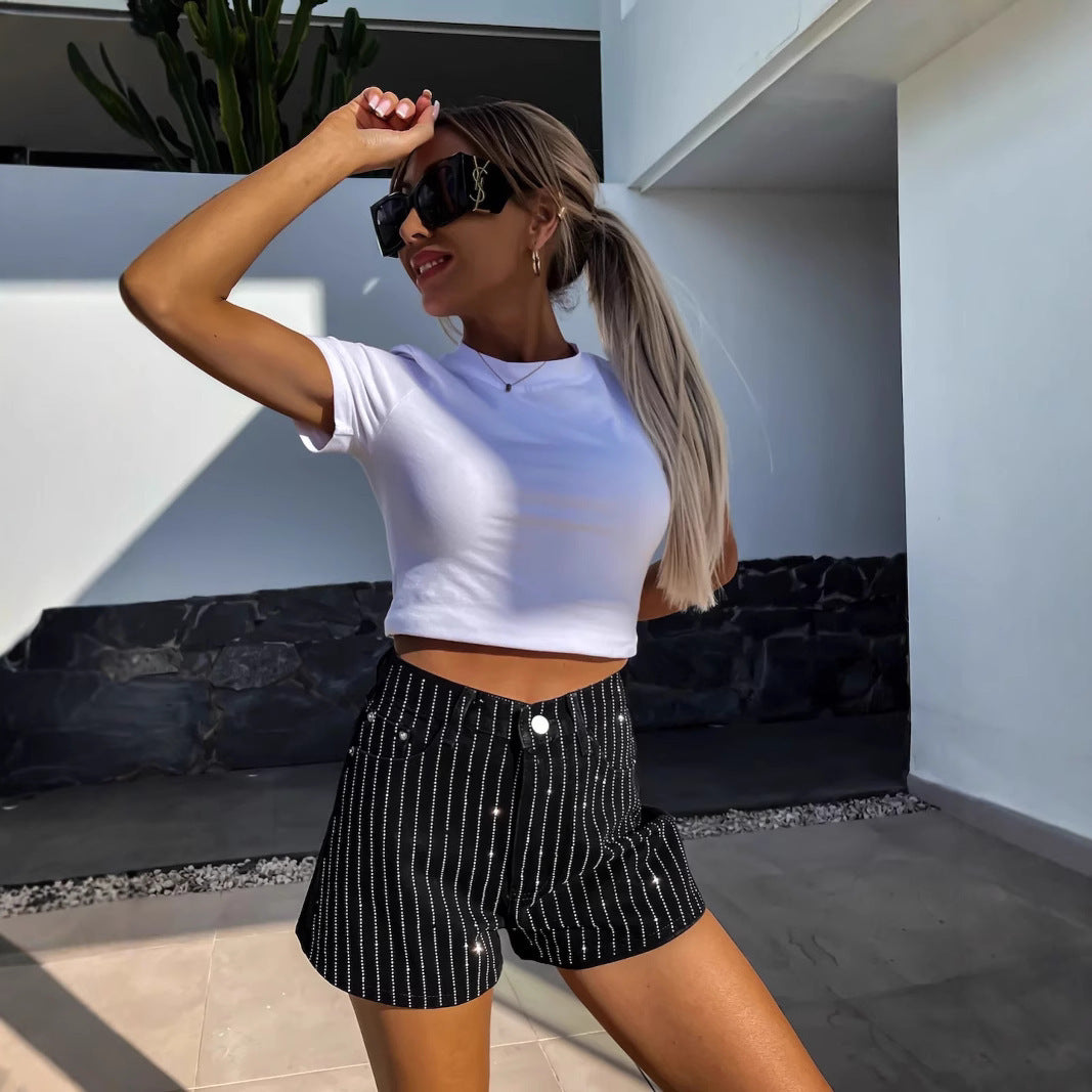 Street Rhinestone Women's Straight Denim Shorts