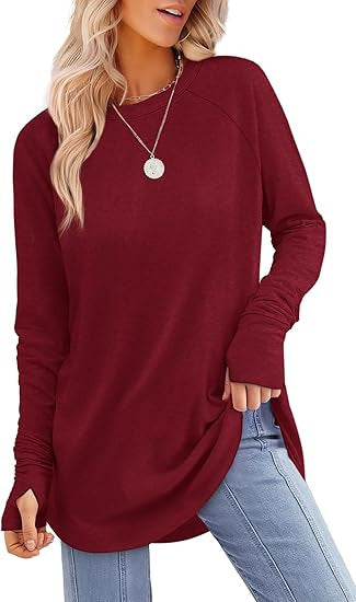 Women's Round Neck Solid Color Refers To Long Sleeved Top Loose Mid Length T-shirt