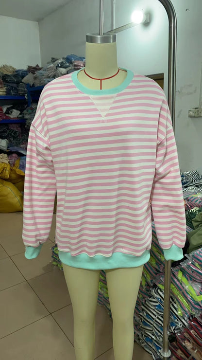 Striped Round Neck Contrast Color Loose Long Sleeve Sweatershirt