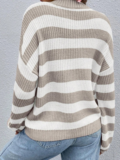 Striped Pattern Drop Shoulder Sweater,Long Sleeve Tops