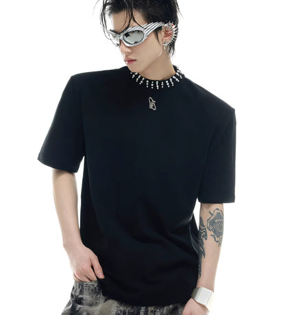 Modal Rhinestone Pearl Collar Stitching Design Short Sleeve