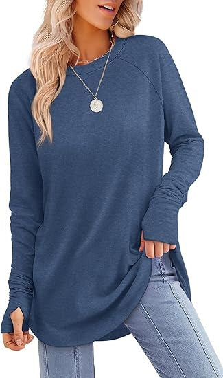 Women's Round Neck Solid Color Refers To Long Sleeved Top Loose Mid Length T-shirt
