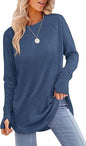 Women's Round Neck Solid Color Refers To Long Sleeved Top Loose Mid Length T-shirt