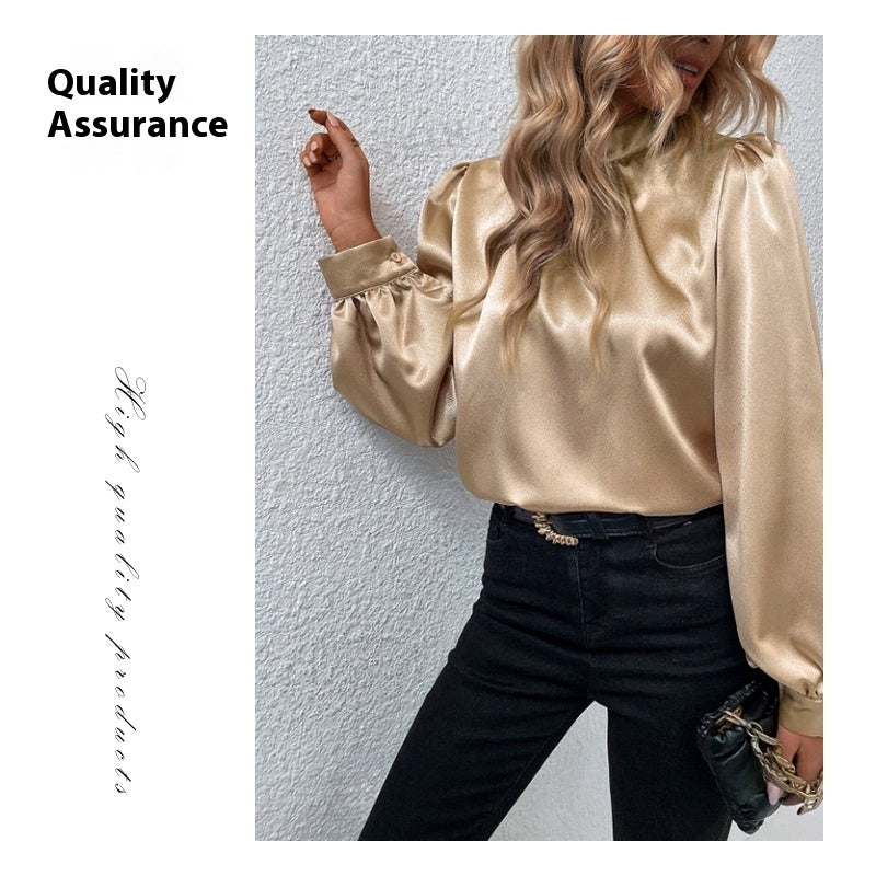 Stand-up Collar Puff Sleeve T-shirt Female Satin