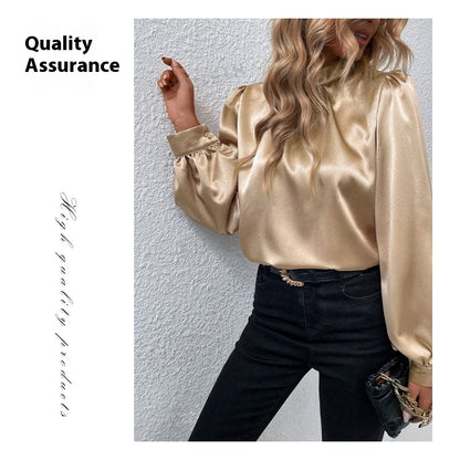 Stand-up Collar Puff Sleeve T-shirt Female Satin