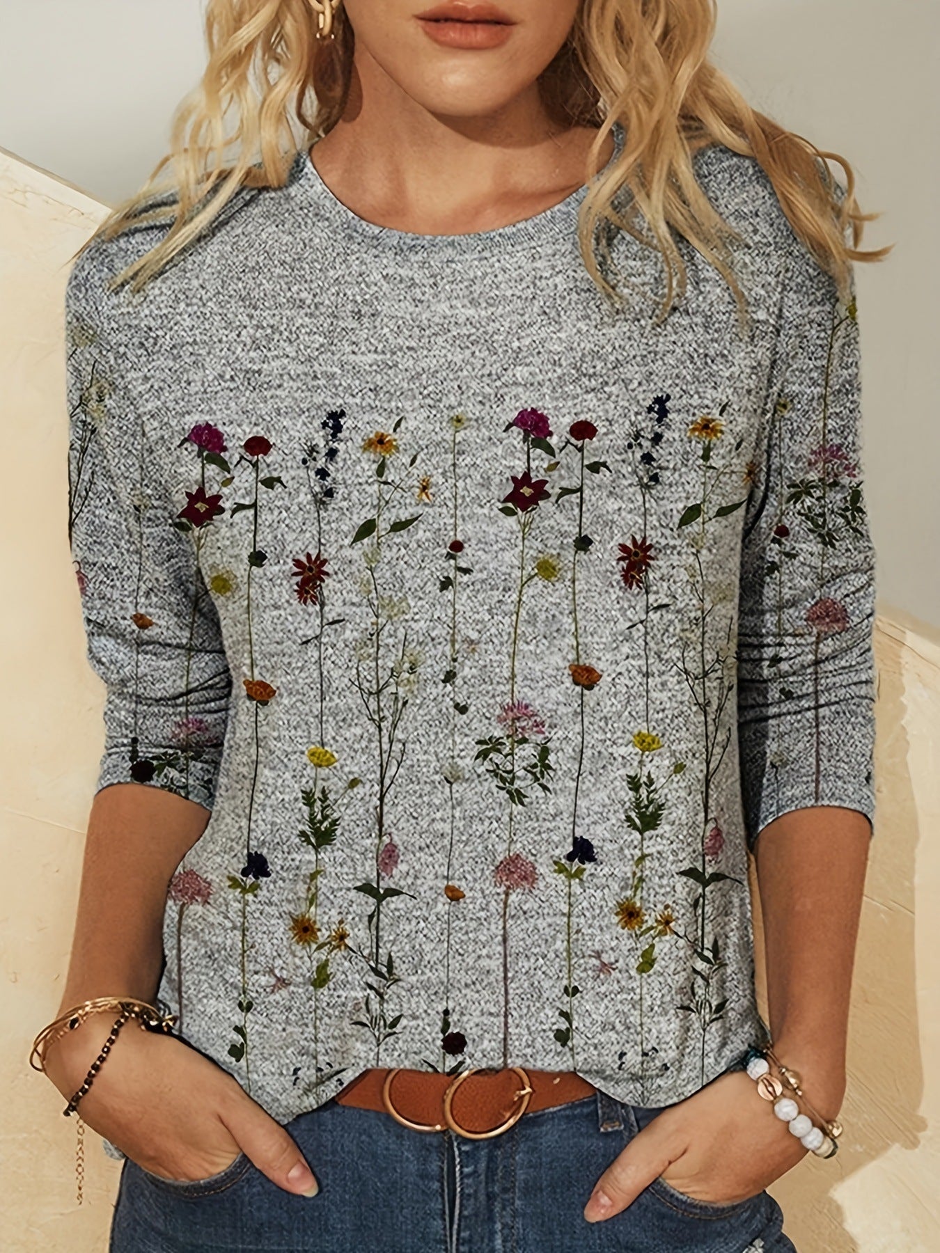 European And American Flower Plant Printed Round Neck Long Sleeve