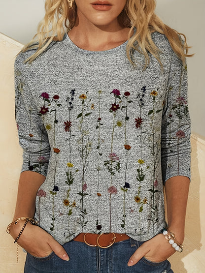 European And American Flower Plant Printed Round Neck Long Sleeve