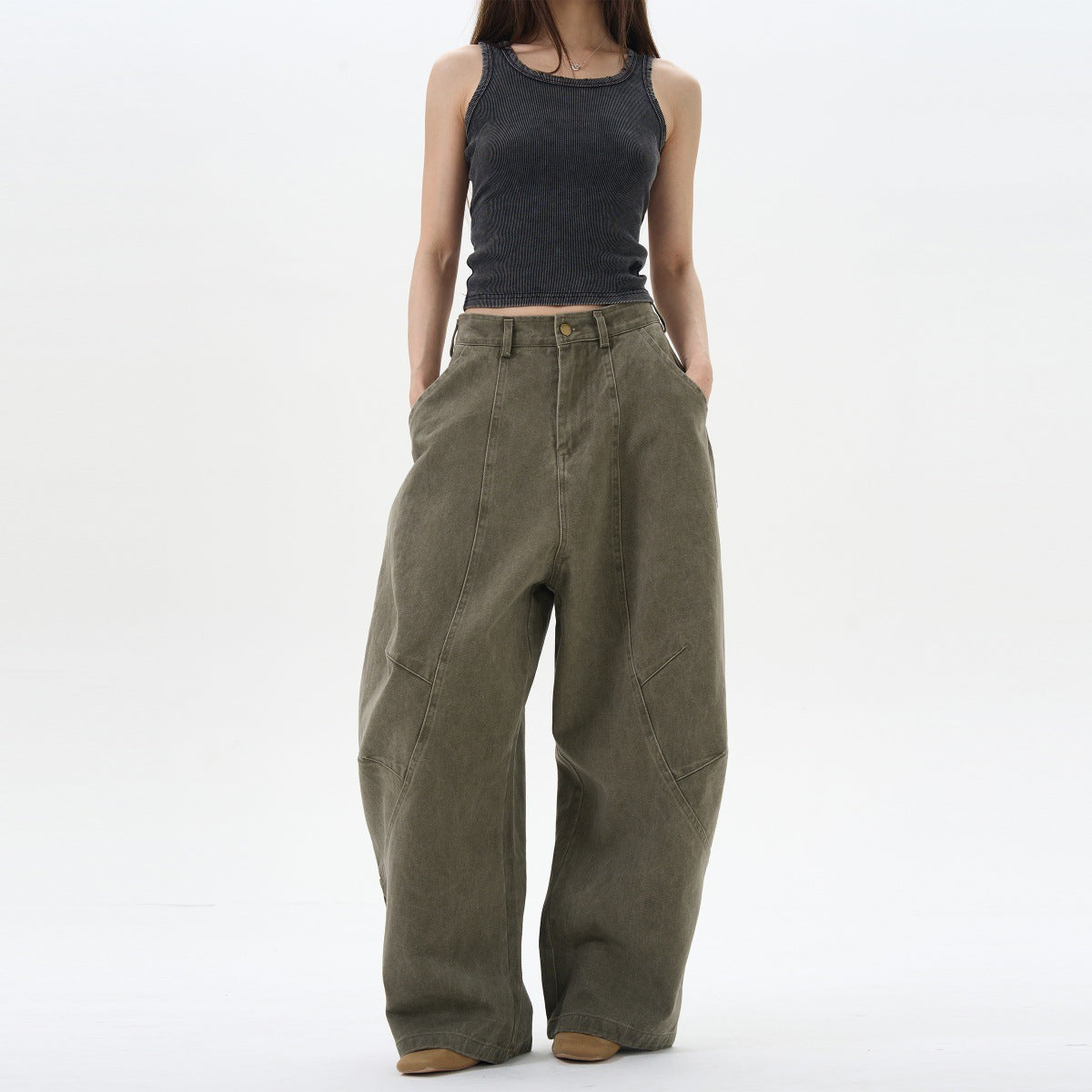 American Retro Green Brown Loose Matchet Pants Men And Women