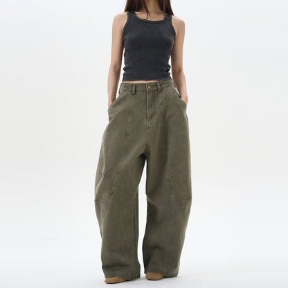 American Retro Green Brown Loose Matchet Pants Men And Women