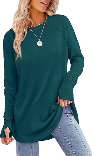 Women's Round Neck Solid Color Refers To Long Sleeved Top Loose Mid Length T-shirt